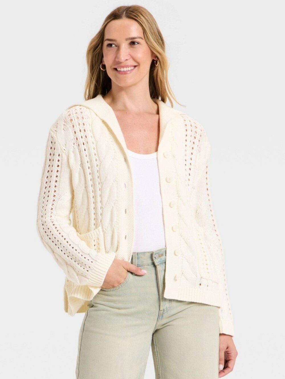 Universal Thread Ivory Cable Knit Shawl Collar Button-Up Cardigan- Oversized Lg